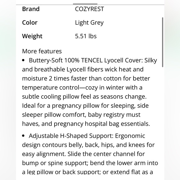 CozyRest Pregnancy ‘H-Shape Pillow’ Full Body Pillow-Light Gray - Picture 2 of 11